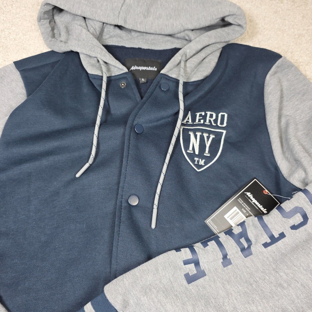 Aeropostale Varsity Jacket Mens‎ L Blue Crest Heather Gray Snap Front Hooded NWT